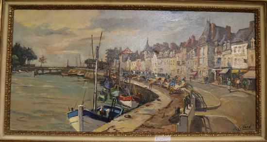 A French harbour scene oil on canvas, Le Saout 39 x 79cm